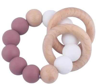 Houten &amp; Siliconen Bijtring – Roze en Wit
