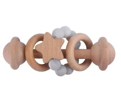 Houten Rammelaar &amp; Bijtring met Ster – Grijs