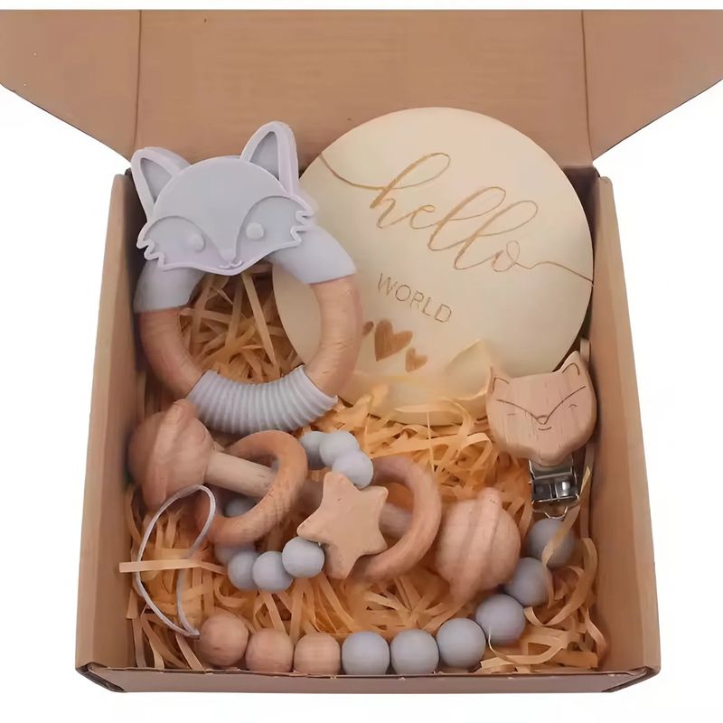 Luxe 4-Delige Baby Cadeauset – Grijs met Vosje