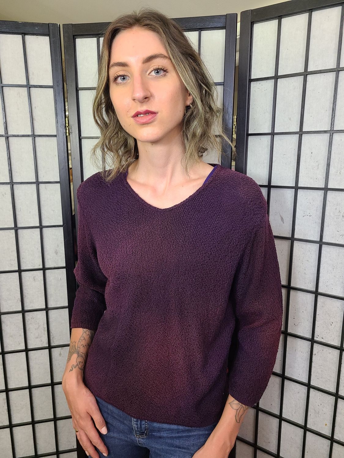 Bejeweled Cropped Sky-Dye Long-Sleeved Pullover in Mulberry Spring