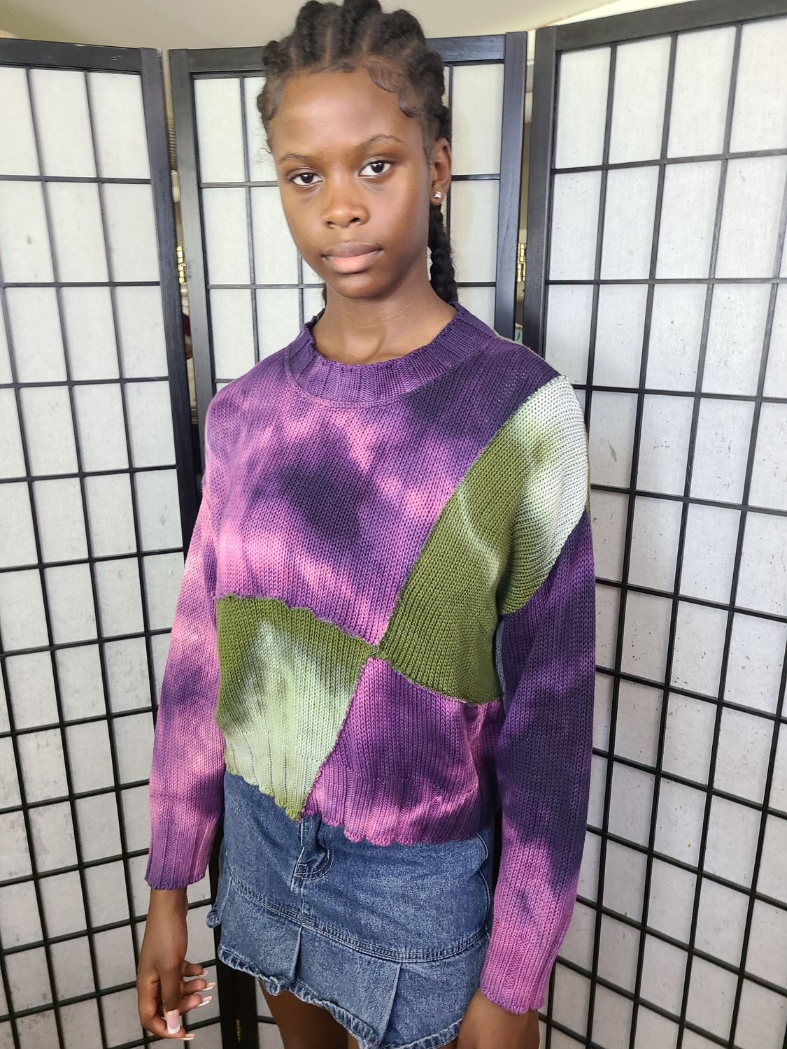Bejeweled Cropped Sky-Dye Long-Sleeved Pullover in Green Meadow