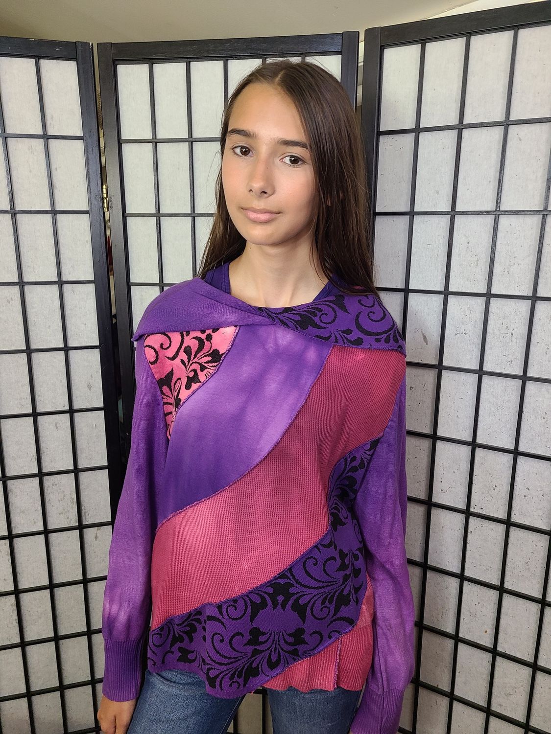 Bejeweled Mid Sky-Dye Long-Sleeved Pullover in Pink Swirl