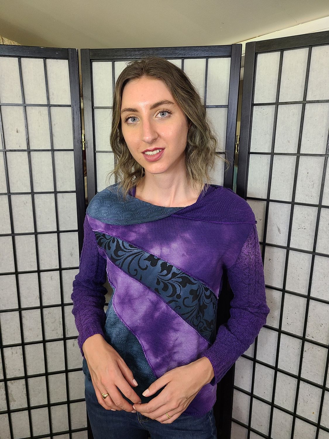 Bejeweled Mid Sky-Dye Cowl Neck Cropped Pullover in Flowering Blue
