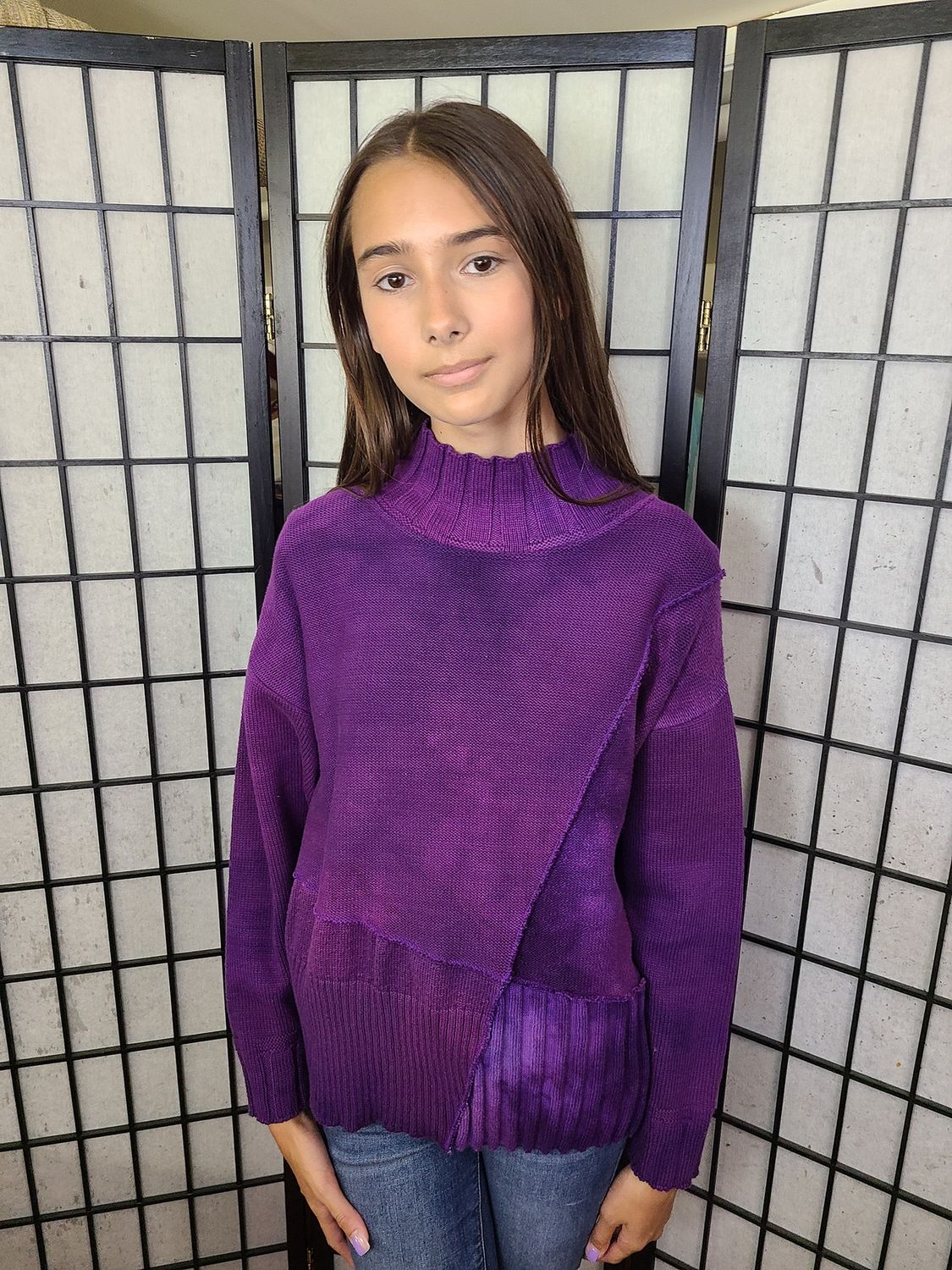 Bejeweled Long Sky-Dye Long-Sleeved Mock-Turtleneck Boxy Sweater