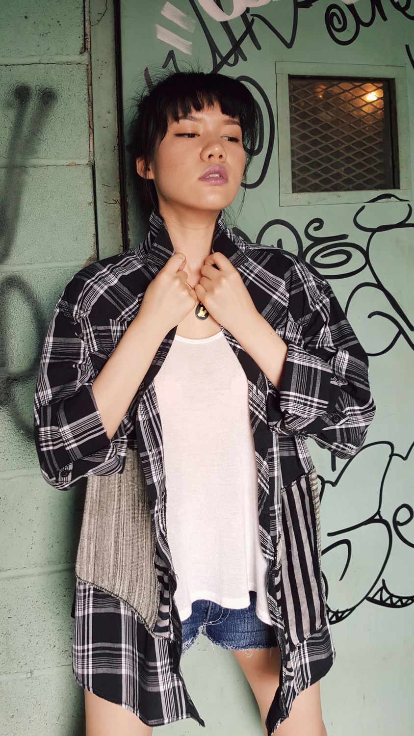 Button up with Knit Panels in Black and White
