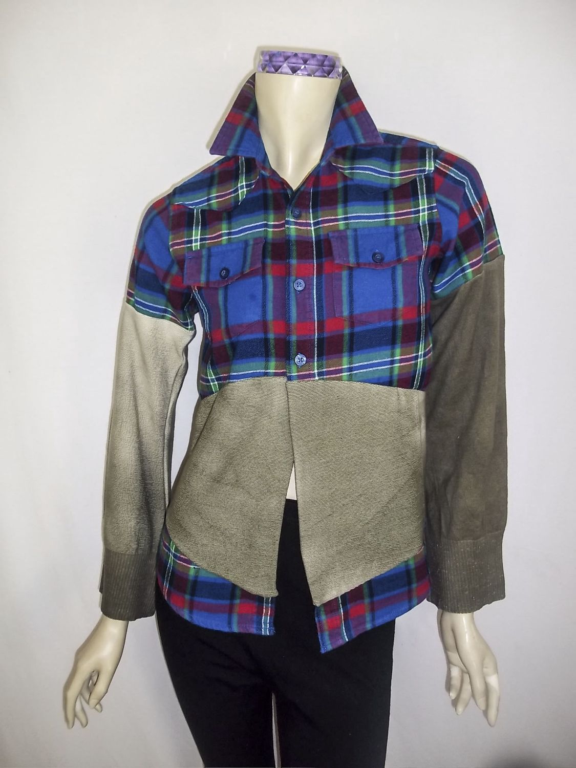 Plaid Button up with Knit Panels, Size: Medium