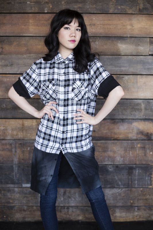 Plaid Flannel Button Up with Knit Panels in Black and White