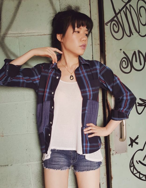 Plaid Button up with Knit Panels