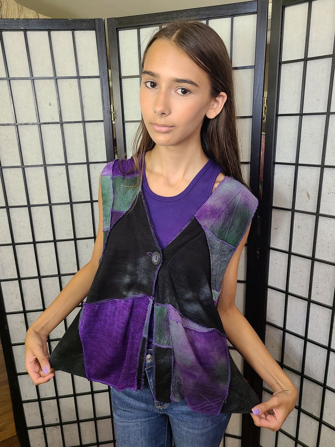 Bejeweled Long Sky-Dye Sleeveless Cardigan Vest in Night Sky
