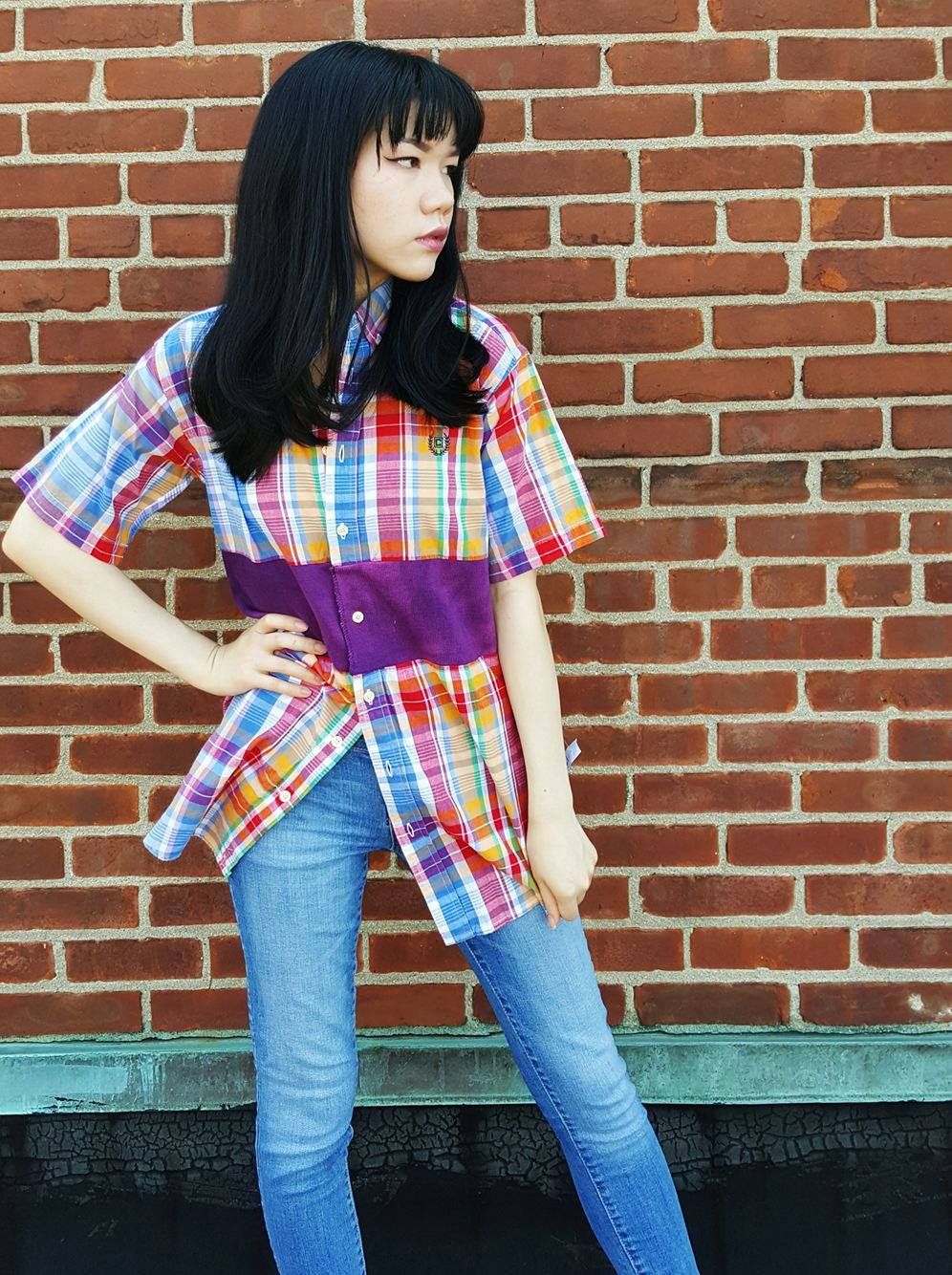 Rainbow Plaid Button up with Sky Dye Panels