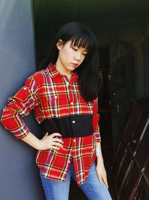 Red Plaid Button Up with Knit Panels
