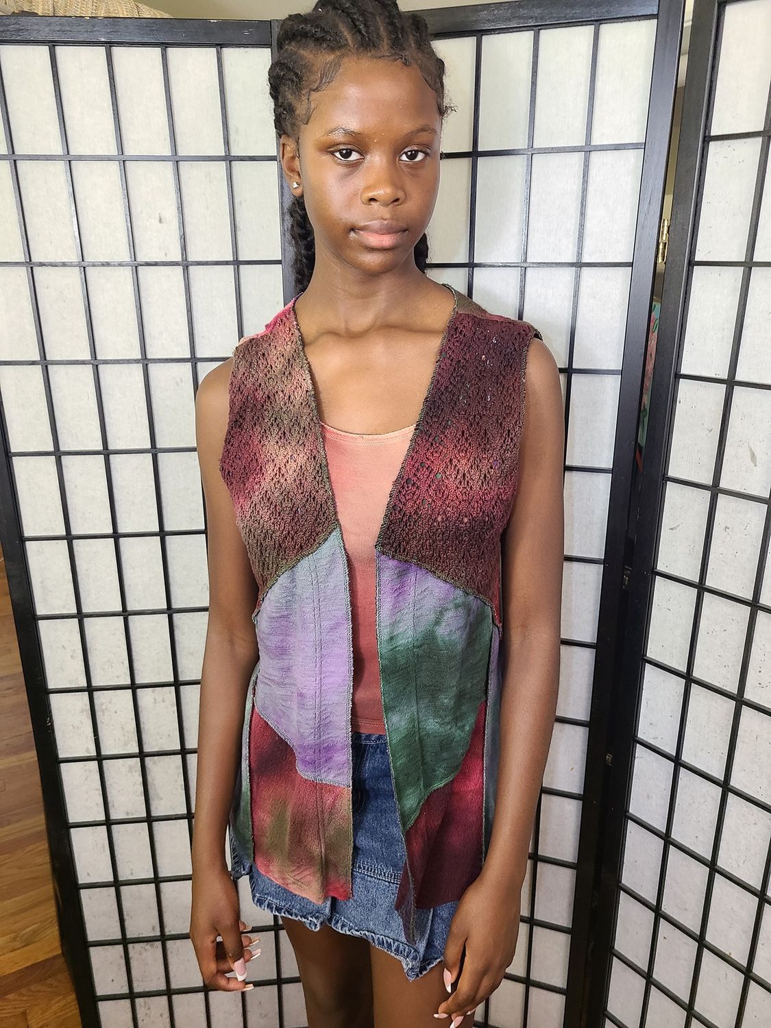 Bejeweled Long Sky-Dye Sleeveless Cardigan Vest in Red Spring