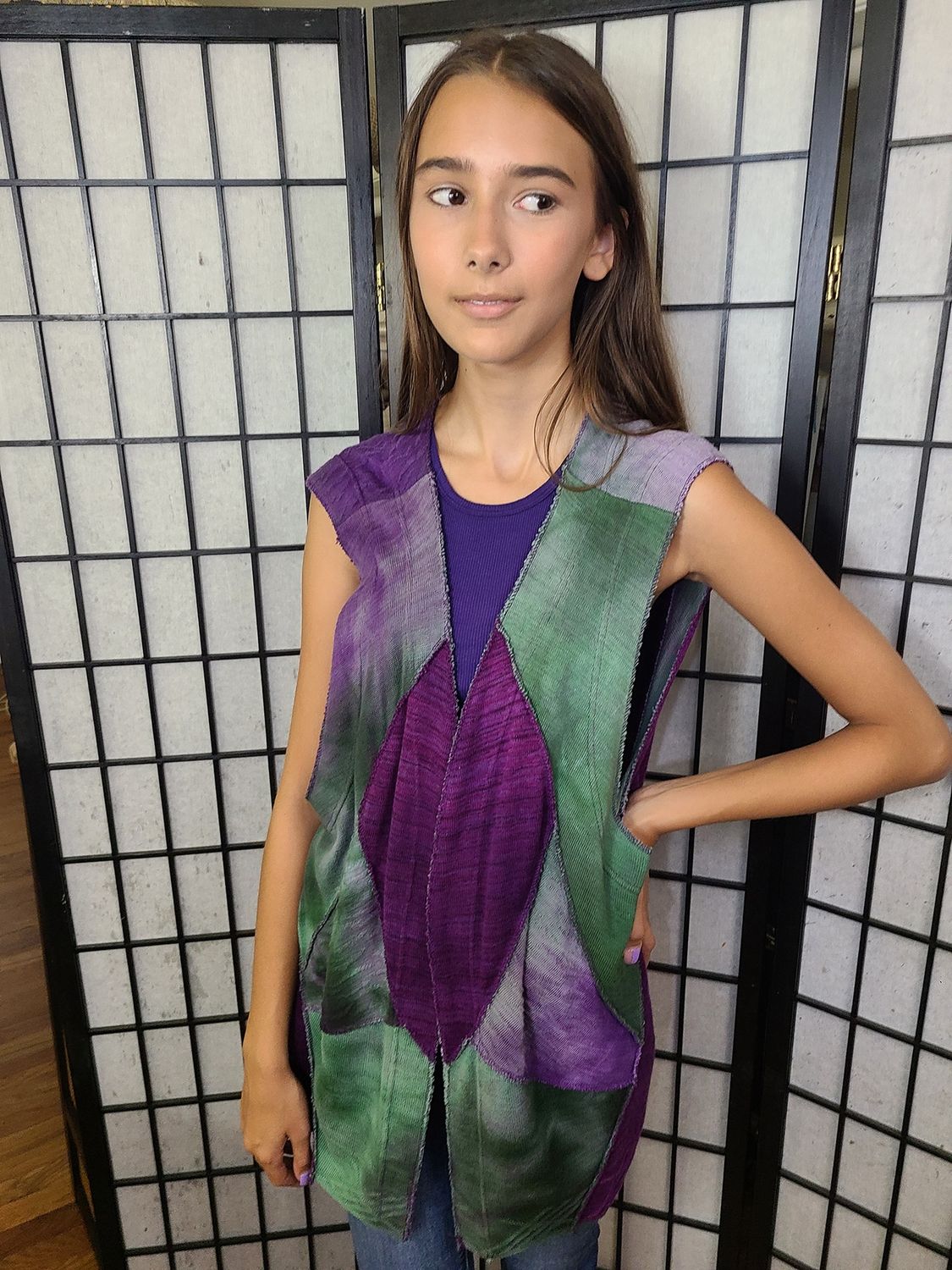 Bejeweled Long Sky-Dye Sleeveless Cardigan Vest in Purple Meadow