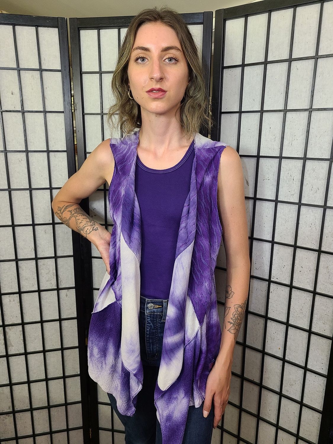 Bejeweled Long Sky-Dye Sleeveless Vest in Flowering White