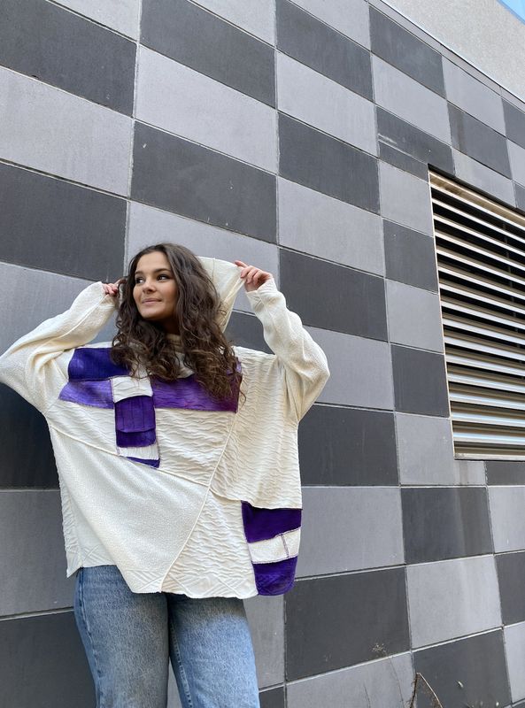 Purple and White Cowl Neck Boxy Tunic