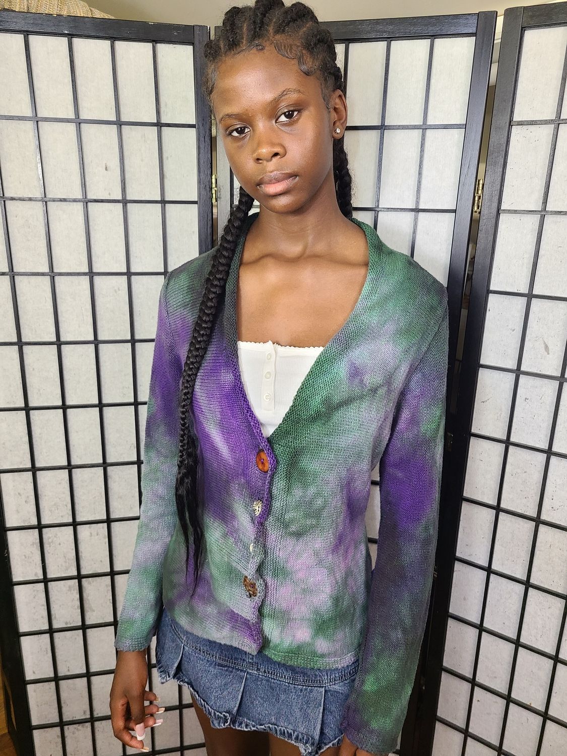 Bejeweled Mid Sky-Dye Long-Sleeved Cardigan in Spring Light Swirl