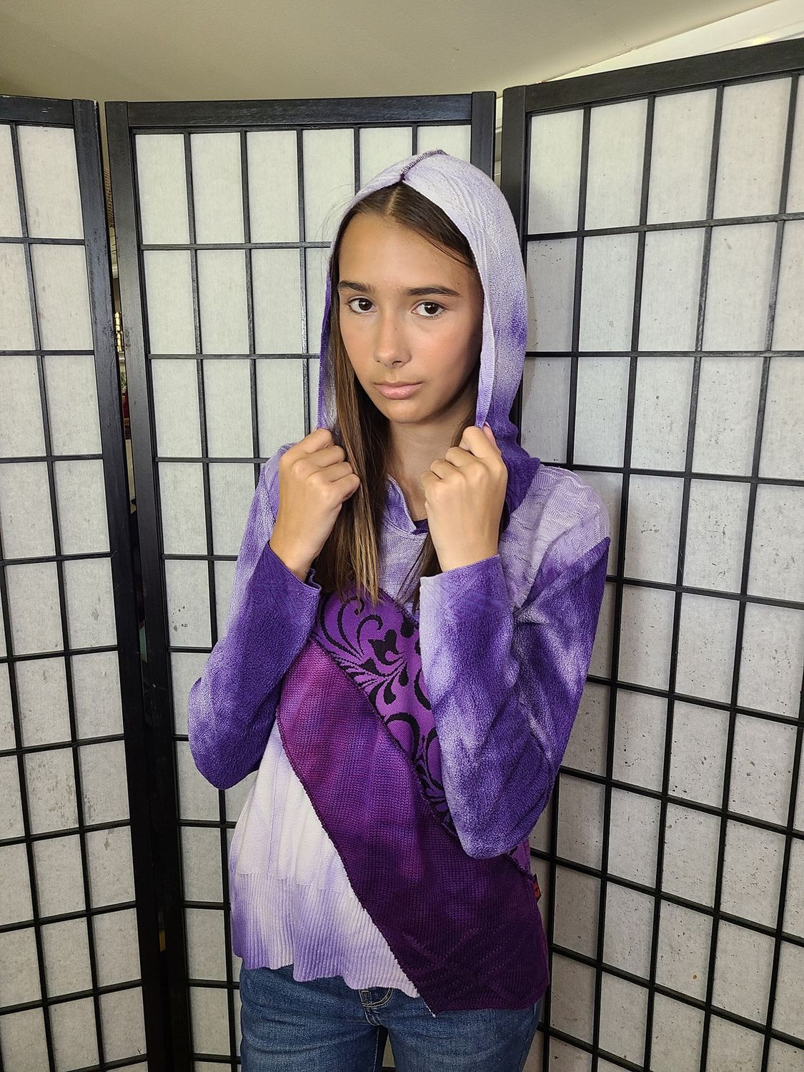 Bejeweled Mid Sky-Dye Long-Sleeved Hooded Pullover in Flowering Lilac