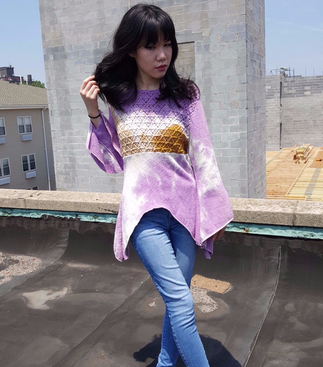 Pointelle cotton wide bell sleeve