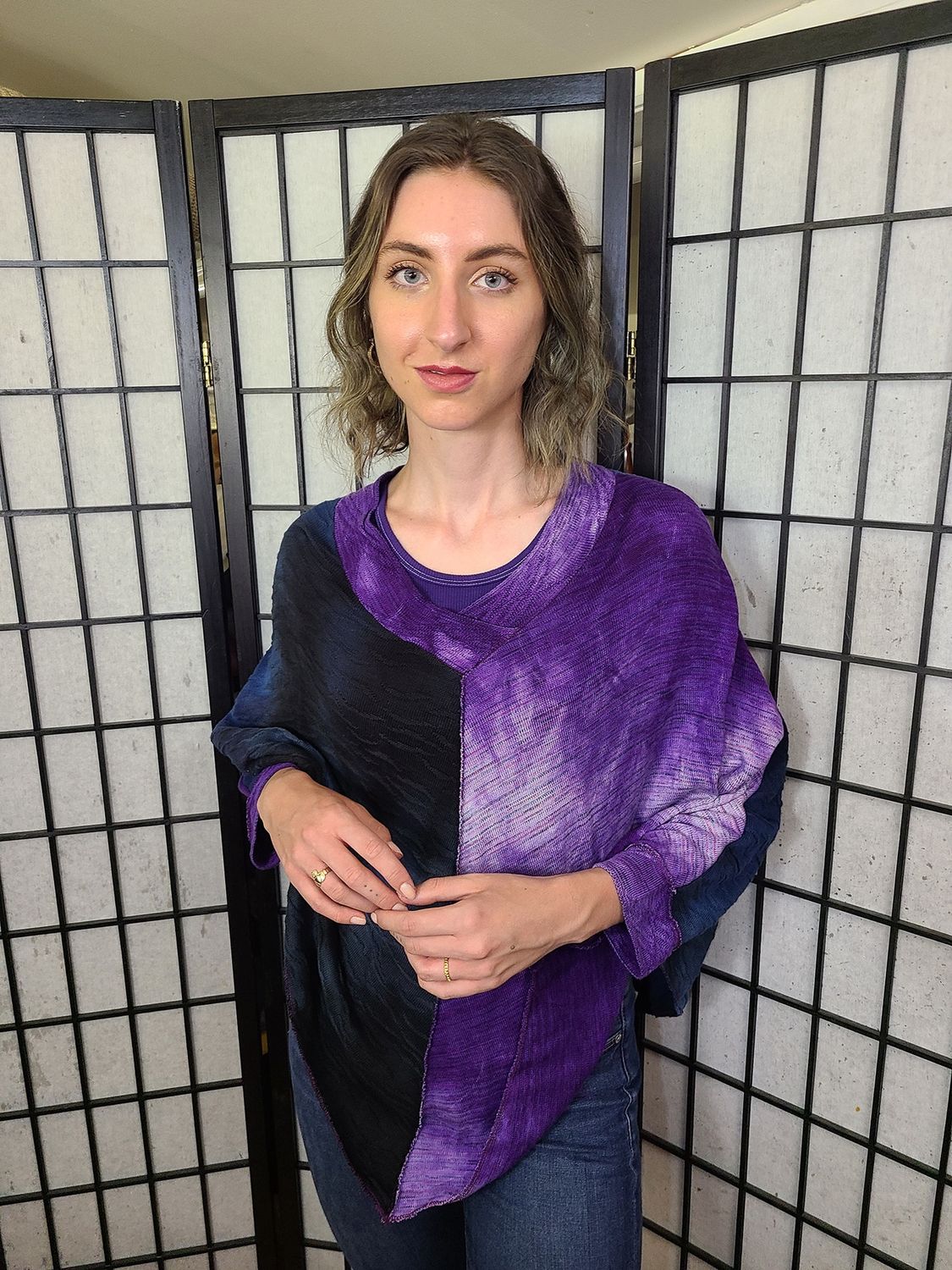 Bejeweled Mid Sky-Dye Sleeved Poncho in Purple Spring Love