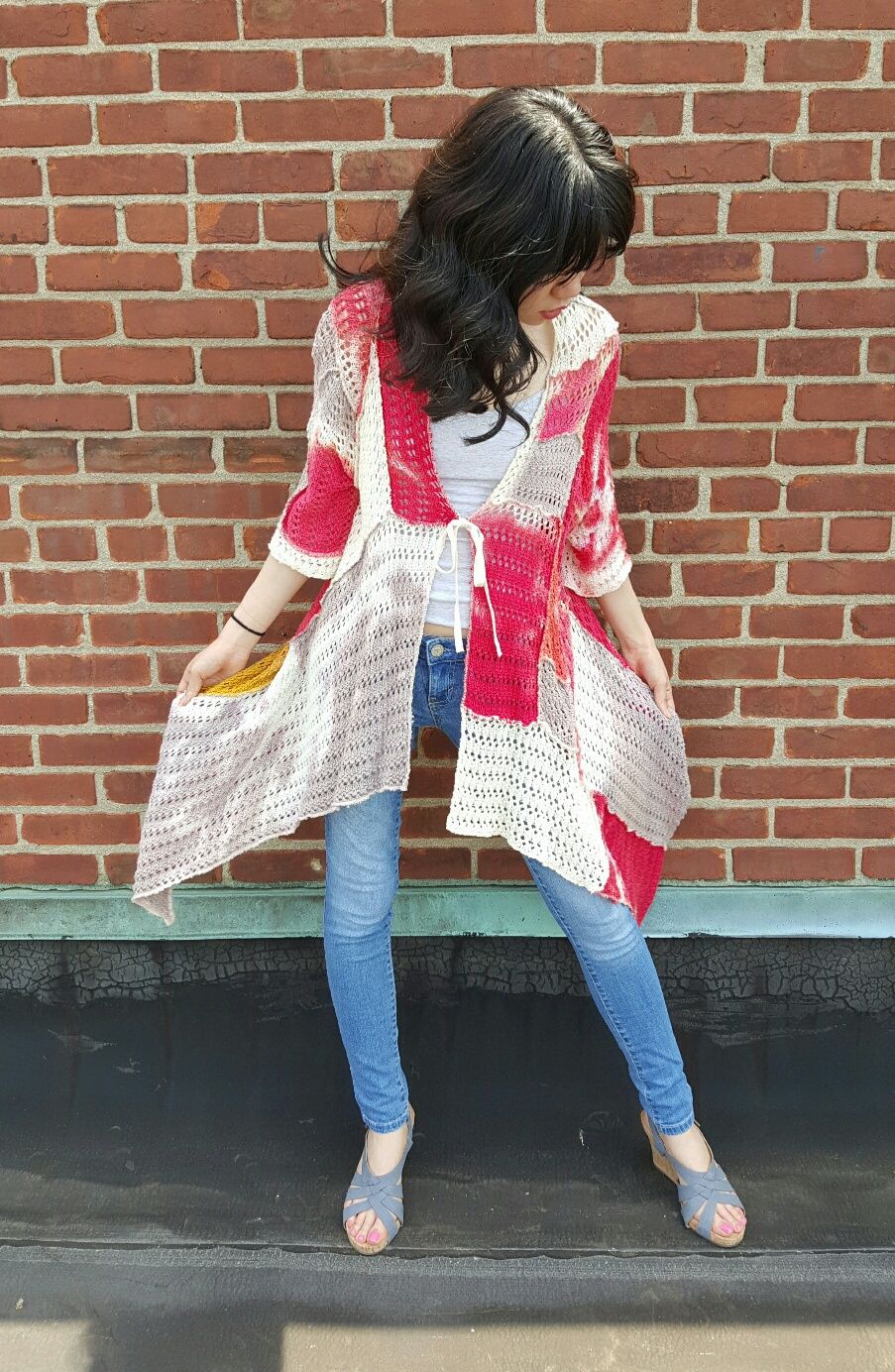 Pointelle paneled long jacket