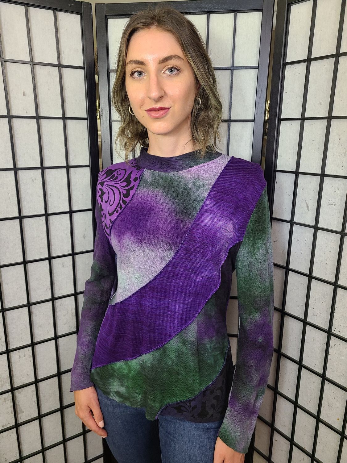 Bejeweled Mid Sky-Dye Long-Sleeved Pullover in Purple Swirl