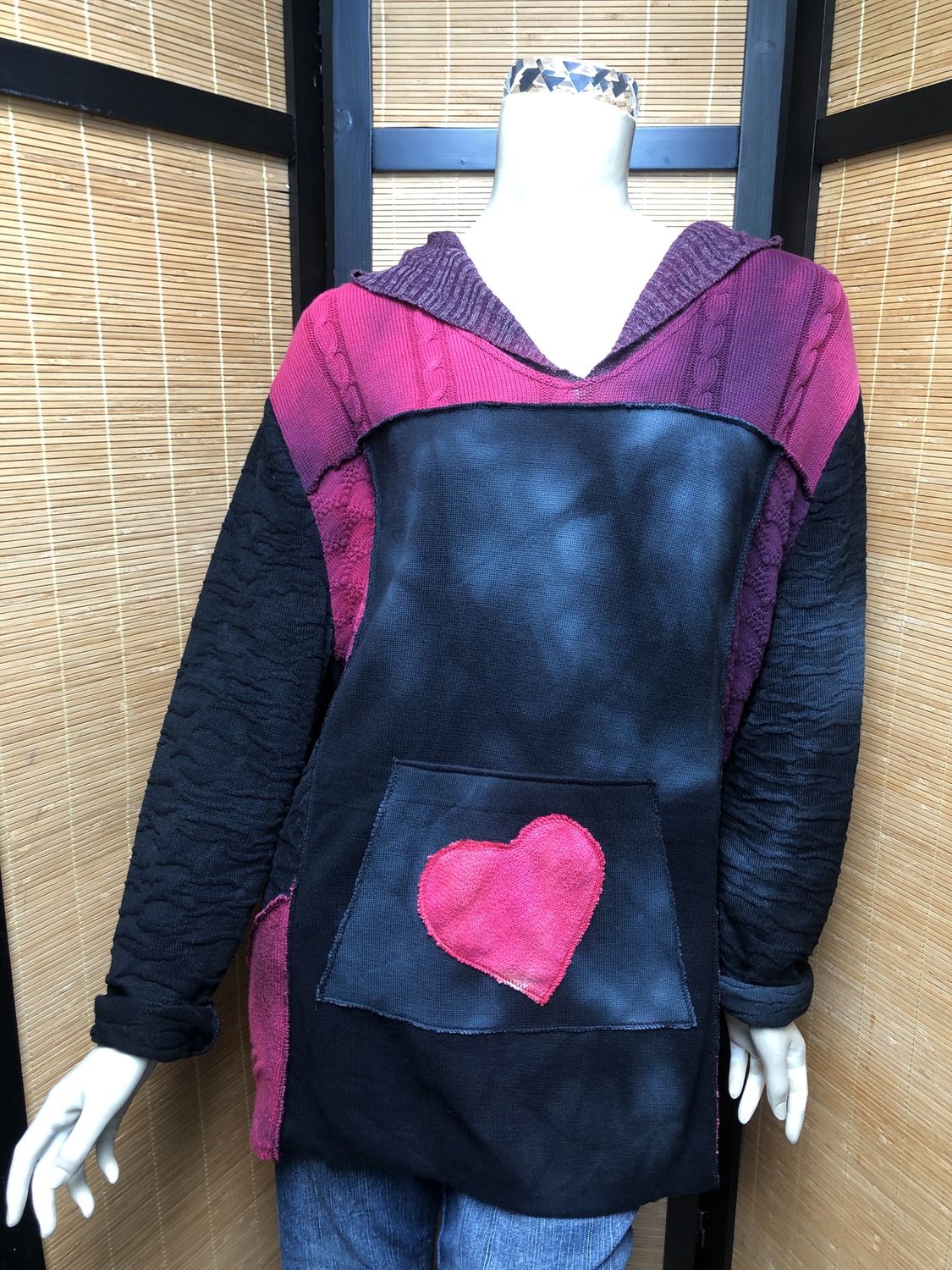 Bejeweled Long Sky-Dye Long-Sleeved Pullover with Pockets in Pink Autumn Heart