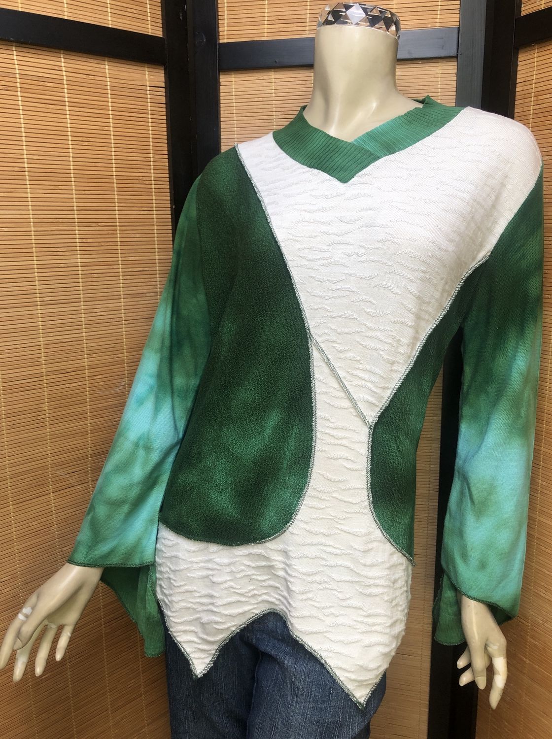 Bejeweled Long Sky-Dye Long-Sleeved Pullover in Green Autumn Sun