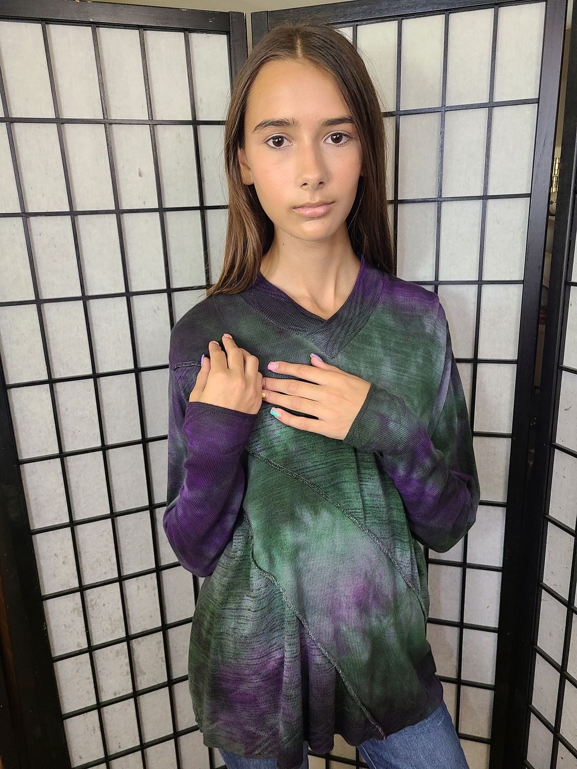 Bejeweled Long Sky-Dye Long-Sleeved Pullover in Peaceful Meadow