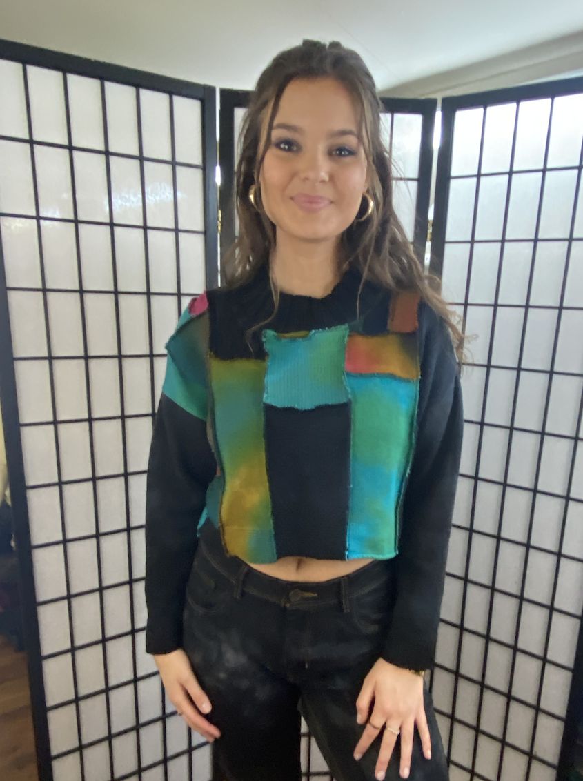 Black Cropped Pullover with Turquoise Panels