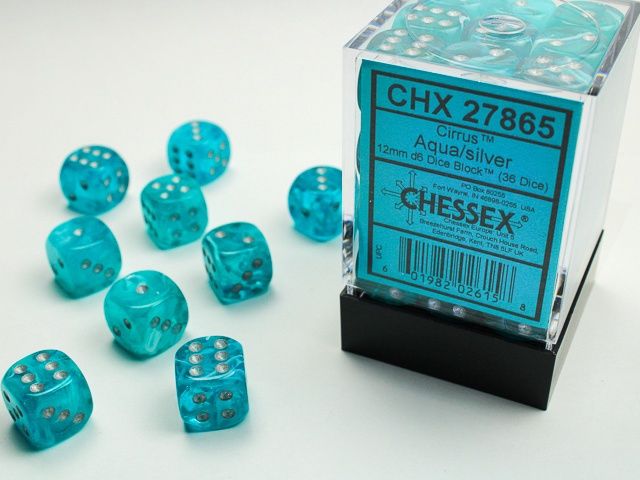 12mm d6 Dice Block (36 Dice) - Signature, Color: Cirrus Aqua/Silver