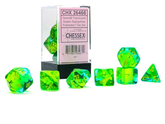 Polyhedral 7-Die RPG Set, Colour: Gemini Translucent Green-Teal/Yellow