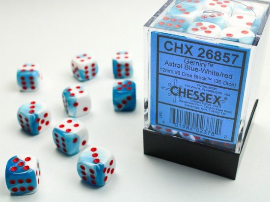 12mm d6 Dice Block (36 Dice) - Gemini, Color: Astral Blue-White/Red