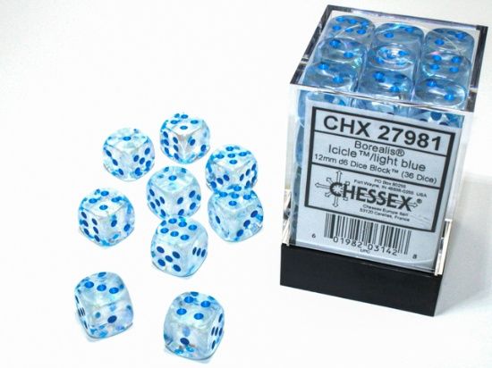 12mm d6 Dice Block (36 Dice) - Borealis, Color: Icicle/Light Blue Luminary