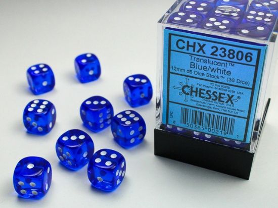 12mm d6 Dice Block (36 Dice) - Translucent, Color: Blue/White
