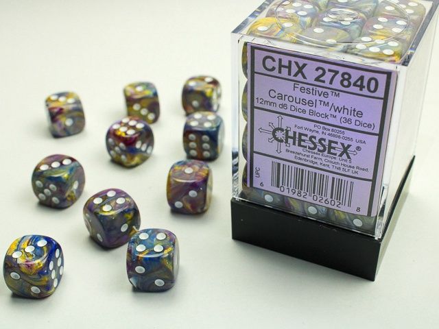 12mm d6 Dice Block (36 Dice) - Festive, Color: Carousel/White