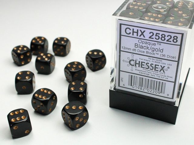 12mm d6 Dice Block (36 Dice) - Opaque, Color: Black/Gold