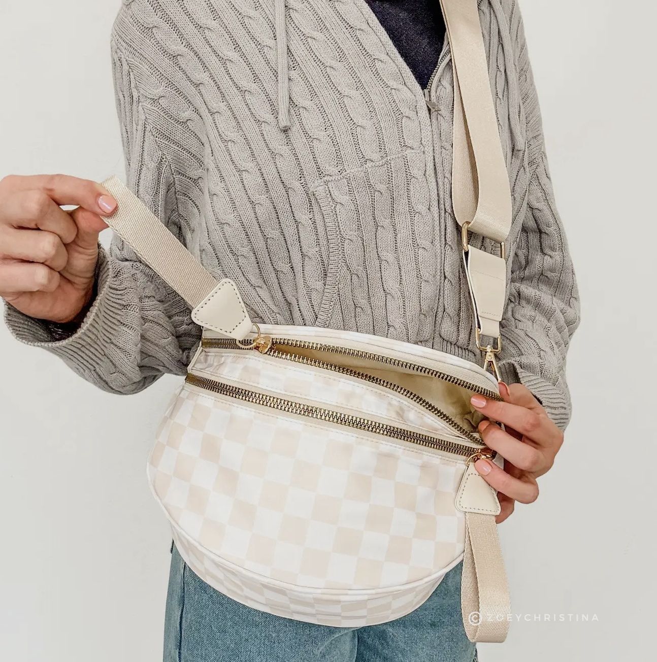 Checkered Crossbody, Color: Beige
