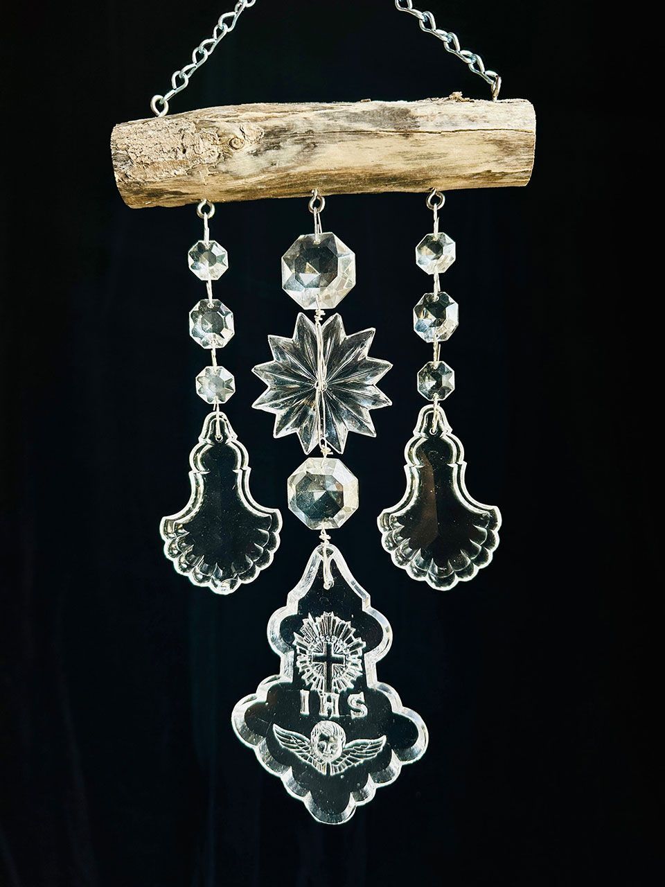IHS Crystal & Driftwood Suncatcher Three Strand IHS Crystal & Driftwood Suncatcher Three Strand