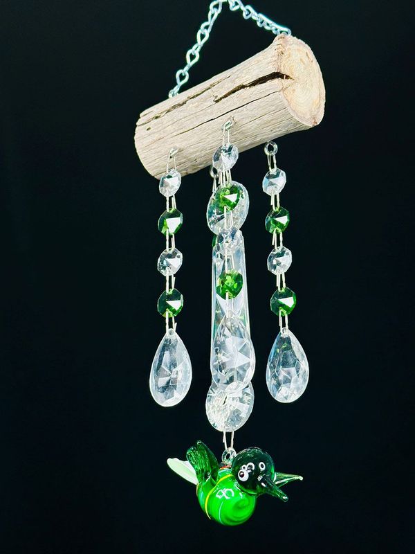 Emerald Green Hummingbird & Vintage Crystal Sun-Catching Wind-Chime
