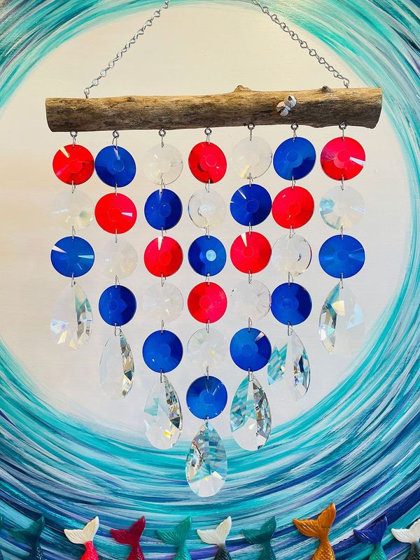 Massive Driftwood and Crystal Patriotic Suncatcher 7 Strands Red, White, & Blue