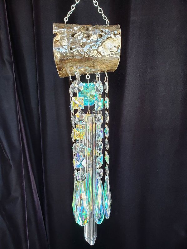 Glistening Driftwood & Crystal Wind Chime Suncatcher 7 Strand