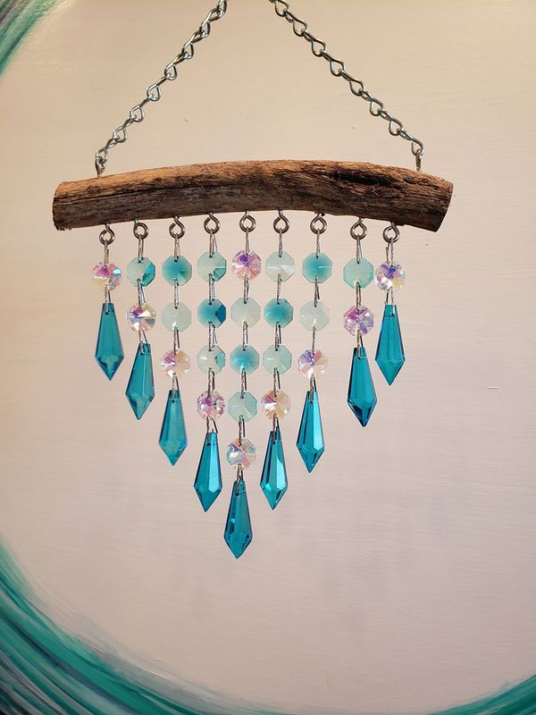 Natural Driftwood & Crystal Suncatcher Micro 9 Strand Light Blue