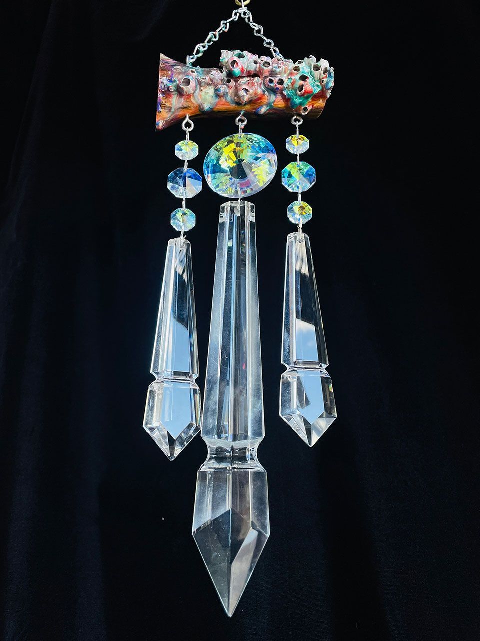 Rainbow Tree Epoxy Barnacle Driftwood &  Triton Spear Crystal Suncatcher Wind Chime 3 Strand Rainbow Tree Epoxy Barnacle Driftwood &  Triton Spear Crystal Suncatcher Wind Chime 3 Strand