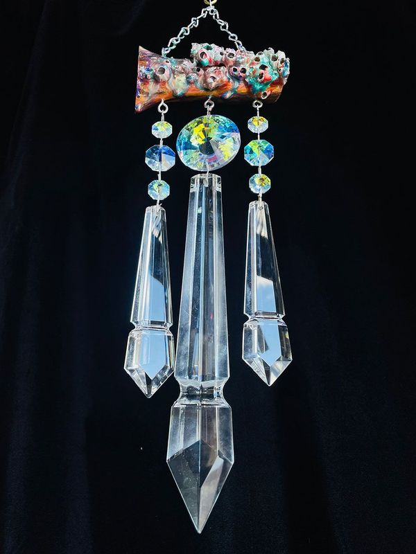 Rainbow Tree Epoxy Barnacle Driftwood &  Triton Spear Crystal Suncatcher Wind Chime 3 Strand