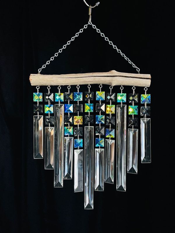 Natural Driftwood & Crystal Suncatcher Wind Chime 11 Strand (Square Drape)