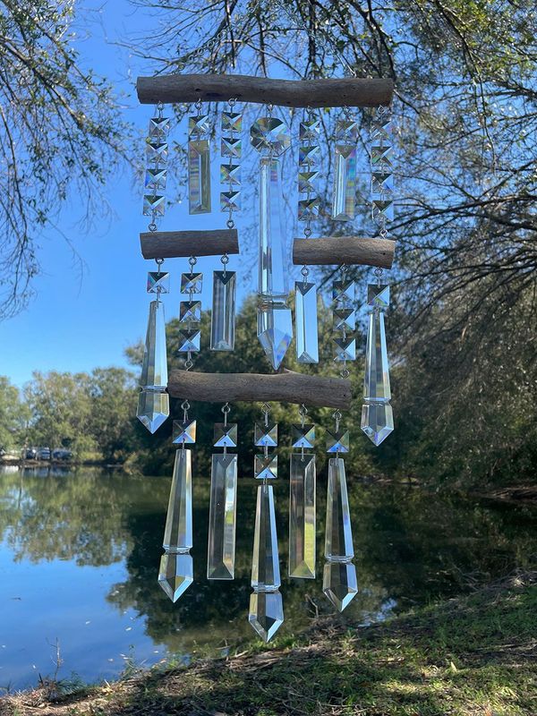 Natural Driftwood & Crystal Suncatcher Wind Chime 18 Strand Triple Tier
