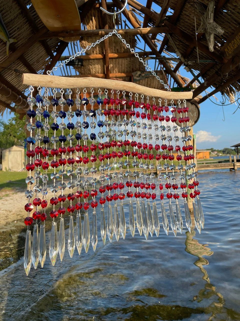Natural Driftwood & Crystal Suncatcher Wind Chime 26 Strand Drape American Flag