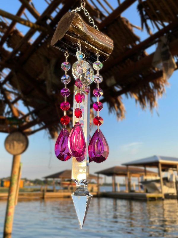 Glistening Driftwood & Crystal Wind Chime Suncatcher 5 Strand Red & Pink