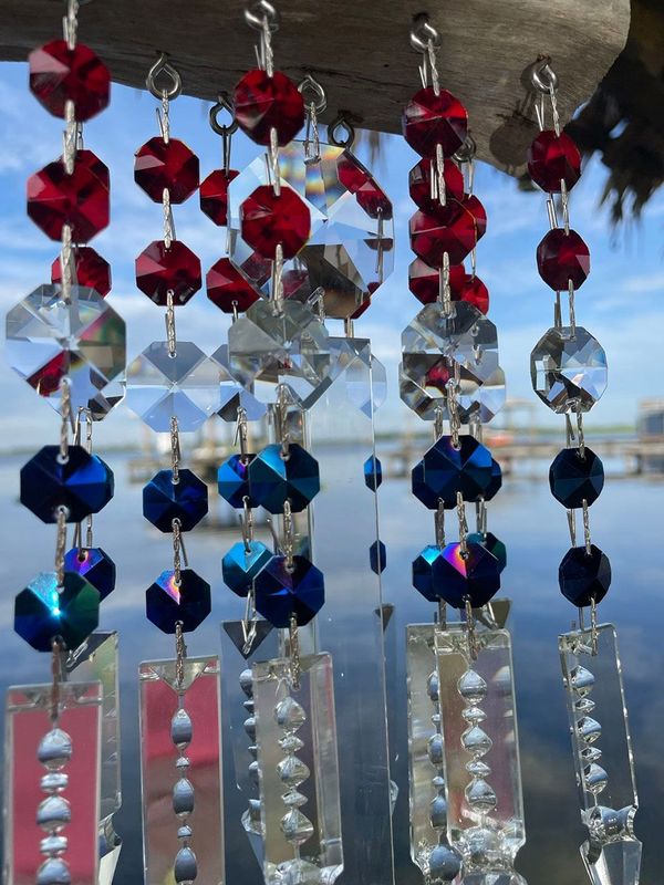 Natural Driftwood & Crystal Suncatcher Wind Chime 11 Strand Red, White, & Blue