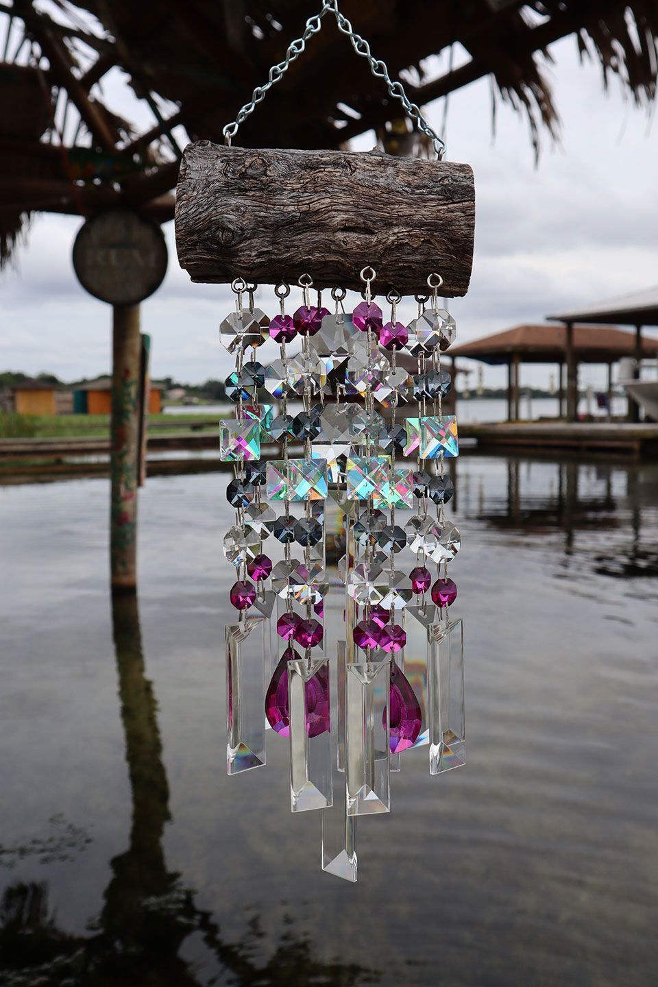 Natural Driftwood & Crystal Suncatcher Wind Chime XL 11 Strand Magenta & Gray
